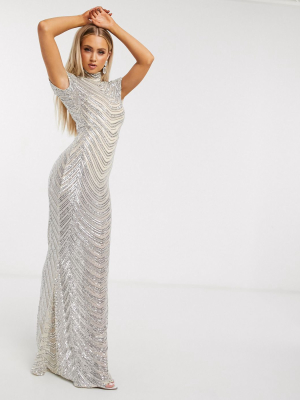 Club L London Sequin Geo Print High Neck Maxi Dress In Cream