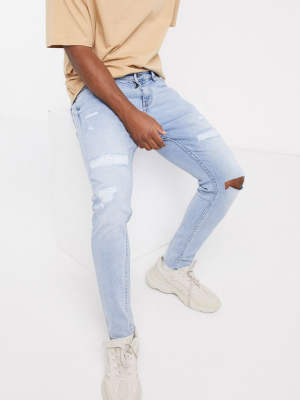 Pull&bear Carrot Fit Jeans With Rips In Light Blue