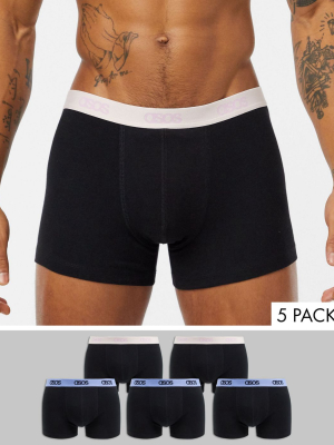 Asos Design 5 Pack Trunk In Black Organic Cotton With Dusty Pink And Pale Blue Branded Waistbands