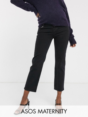 Asos Design Maternity High Rise Stretch 'slim' Straight Leg Jeans In Black With Over The Bump Band