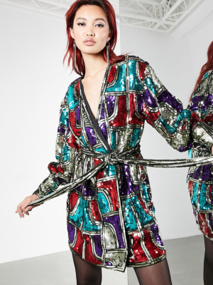 Asos Edition Mini Wrap Dress With Graphic Sequin