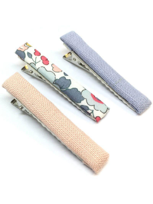 Blue Linen, Blue Floral, Salmon Linen Hair Clip Set