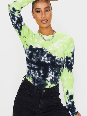 Green Structured Rib Tie Dye Long Sleeve Bodysuit