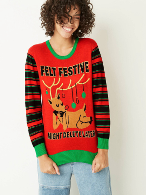 Women's Striped Reindeer Felt Festive Might Delete Later Holiday Pullover Sweater - Red