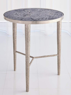 Global Views Hammered End Table Antique Nickel With Gray Marble