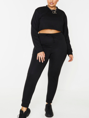 Plus Black Wide Rib Tie Waist Joggers