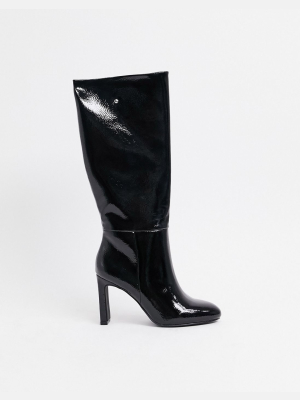 Asos Design Current Pull On Knee Boots In Black Patent