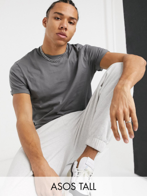 Asos Design Tall T-shirt With Roll Sleeves In Gray