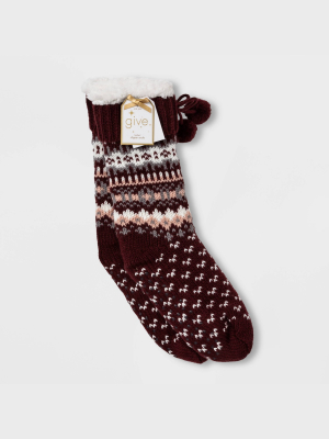 Women's Fair Isle Sherpa Lined Slipper Socks With Grippers - Burgundy 4-10