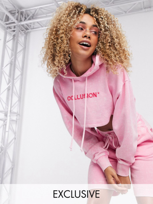 Collusion Super Crop Hoodie With Brand Print In Pink