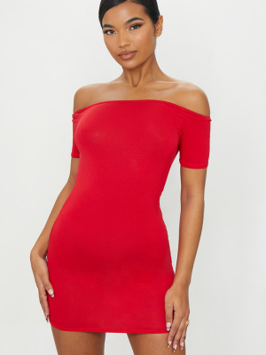 Red Basic Short Sleeve Bardot Bodycon Dress