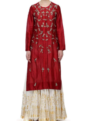 Front-opening Embroidered Kurta & Foil Printed Skirt