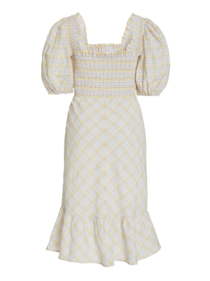 Smocked Check Midi Dress