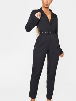 Black Lapel Detail Belted Jumpsuit