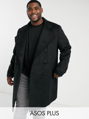 Asos Design Plus Wool Mix Double Breasted Coat With Military Detail In Black