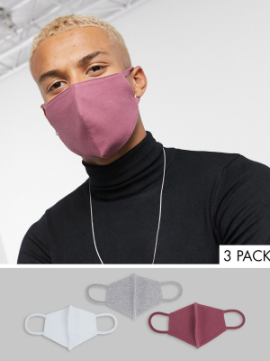 Asos Design 3 Pack Organic Cotton Jersey Face Covering In Dusky Pink And Gray Tones