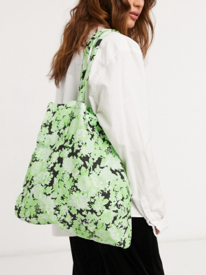 Asos Design Organic Cotton Shopper In Green Floral Print