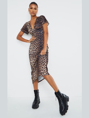 Tan Leopard Print Ruched Bust V Neck Maxi Dress