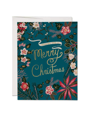 Blue Poinsettia Holiday Christmas Card