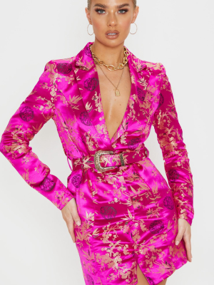 Fuchsia Jacquard Long Sleeve Belt Detail Blazer...