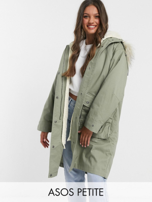 Asos Design Petite Faux Fur Lined Parka In Sage