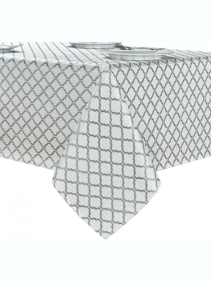 Kate Aurora White & Gray Moroccan Geometric Fabric Tablecloth