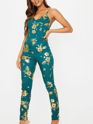 Emerald Green Floral Foil Printed Cigarette Pants