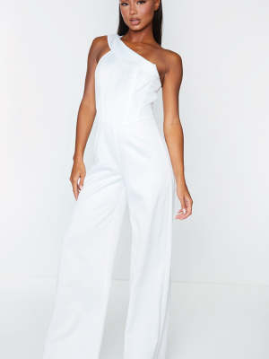 White Satin One Shoulder Corset Detail Jumpsuit