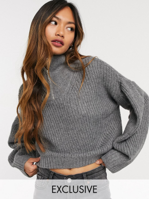 Native Youth Relaxed Crop Knitted Sweater With Half Zip High Neck