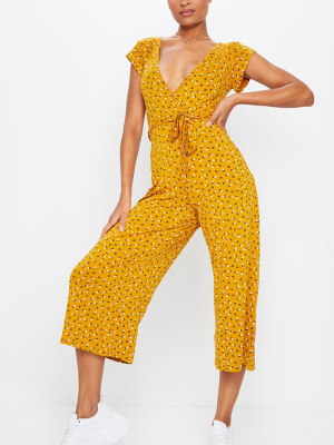 Mustard Ditsy Floral Wrap Culotte Jumpsuit