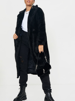 Black Large Lapel Midaxi Faux Fur Coat