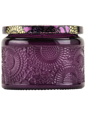 Petite Embossed Glass Jar Candle In Santiago Huckleberry