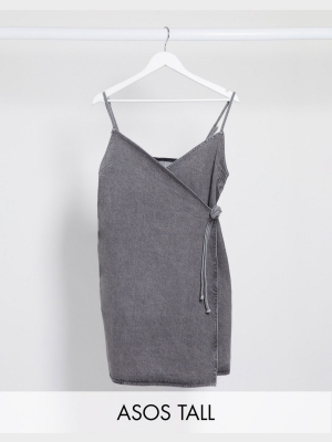Asos Design Tall Denim Wrap Cami Dress In Washed Gray