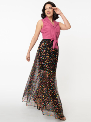 Unique Vintage Black & Multicolor Polka Dots Joni Maxi Skirt