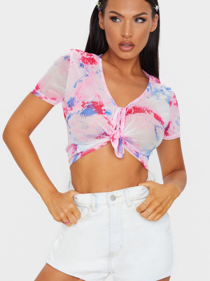 Hot Pink Mesh Tie Dye Printed Tie Front Crop Top