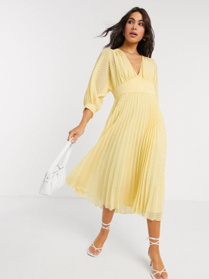 Asos Design Pleated Batwing Midi Dress In Chevron Dobby In Yellow