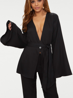 Petite Black Woven Belt Detail Blazer