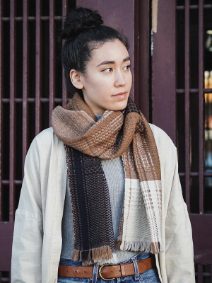 Kobo Oriza Multi-pattern Weave Black, Beige And Navy Plaid Scarf