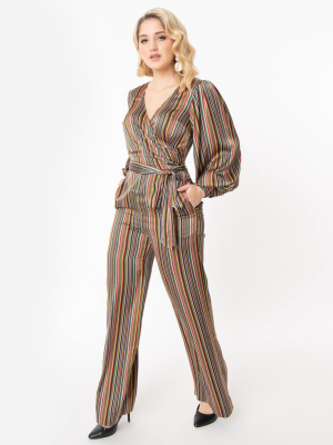 Unique Vintage 1970s Multicolor Stripe Satin Clayton Jumpsuit