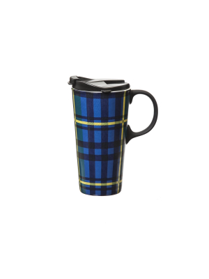 Evergreen Garden Ceramic Travel Cup W/ Silicone Paint Handle, 17 Oz. W/box, Green And Blue Plaid