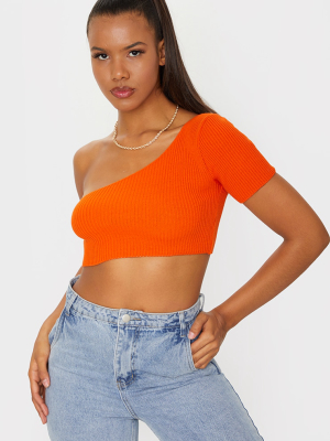 Orange One Shoulder Short Sleeve Crop Knitted Top