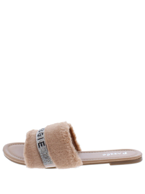 Betty03ja Pink Bougie Rhinestone Faux Fur Slide Sandal