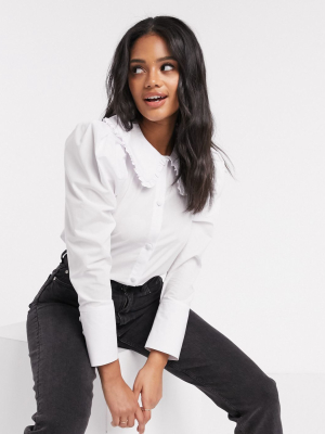 Asos Design Long Sleeve Shirt With Frill Collar Detail In White