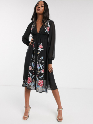 Asos Design Embroidered Long Sleeve Button Through Midi Dress With Shirred Waist In Black