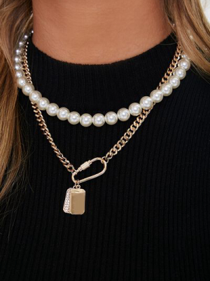 Faux Pearl & Rhinestone Dog Tag Necklace