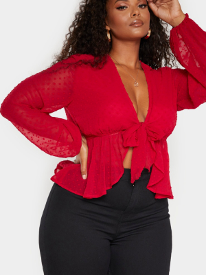 Plus Scarlet Dobby Mesh Tie Front Blouse