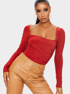 Rust Slinky Ruched Long Sleeve Square Neck...