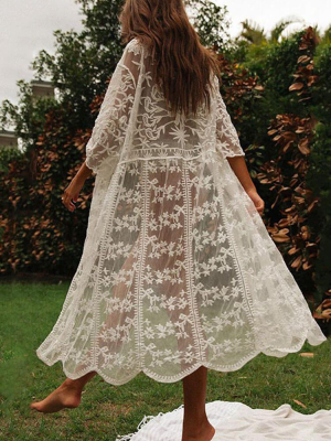 Scalloped Crochet Lace Half Sleeve Sheer Maxi Cover Up