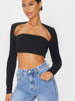 Black Rib Long Sleeve Square Neck Crop Top