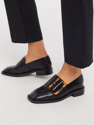 Asos Design Millicent Premium Leather Square Toe Buckle Loafer In Black